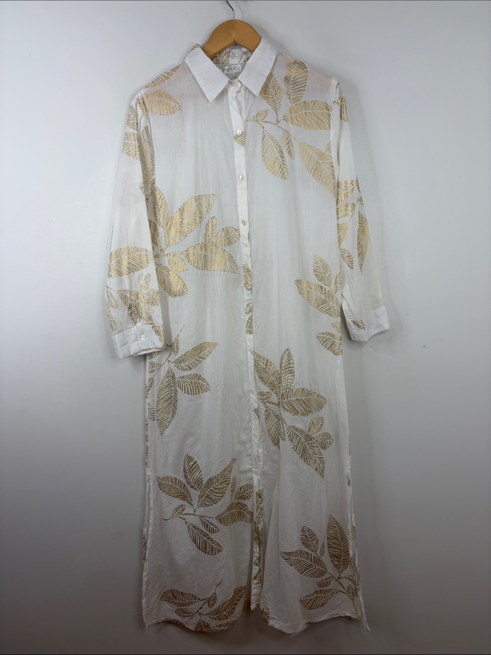 Debbie Katz South Beach Cover Up Womens Large White Cotton Gold Palm Print Maxi